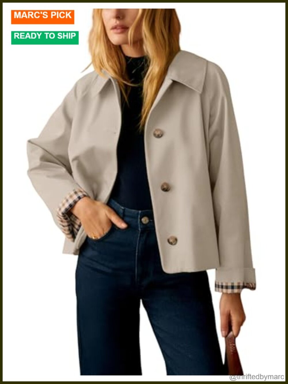 Womens Short Trench Jacket Plaid Lining Button Front Lightweight Casual